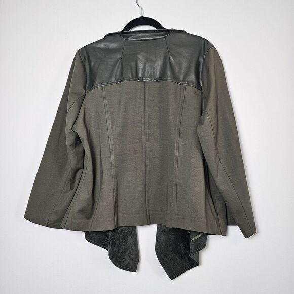 Denim‎ & Company 1X Olive Green Jacket Open Front Vegan Leather Pockets Stretch - Picture 2 of 8